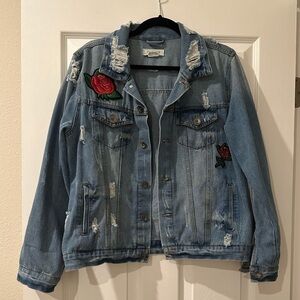 Ci Sono Red Rose Patch Women's Denim Jean Jacket Size Small (Oversized)